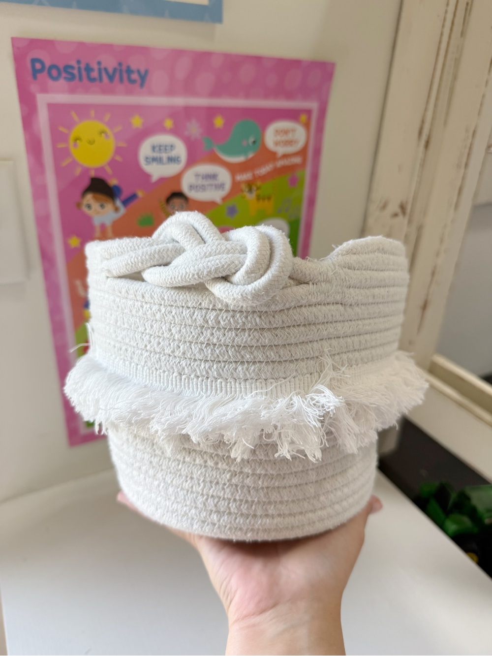 Pillowfort Boho Fringe Knotted Rope Basket Cream Minimalist Nursery Toy Storage